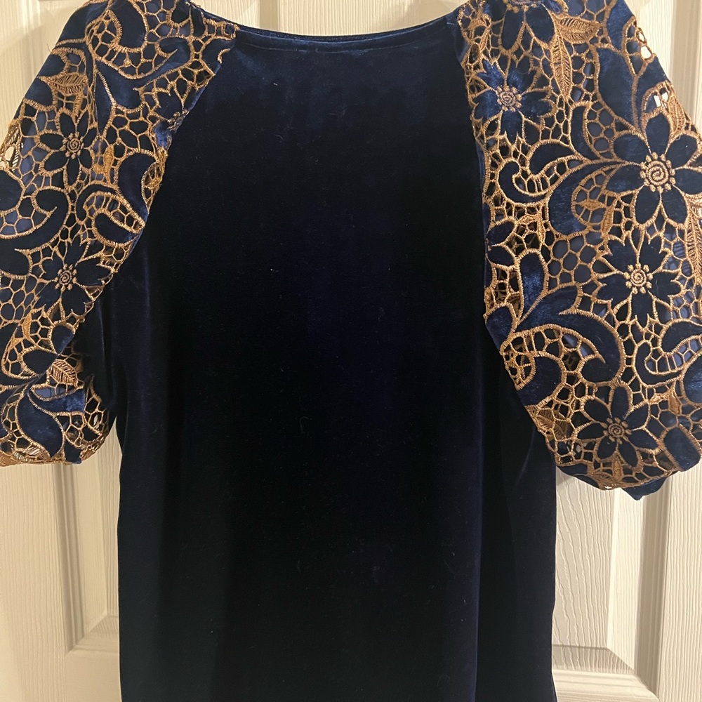 Elegant Navy Blue Top with Gold Lace Sleeves